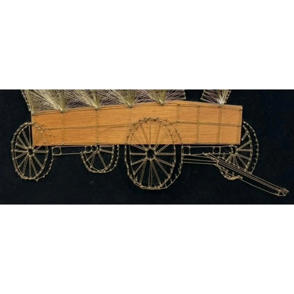 Vintage String Art Covered Wagon Pioneer Days Western Folk Art Velvet 20x16